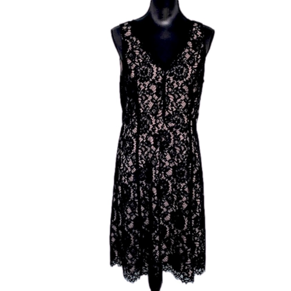 NWT New Loft Black Lace Sleeveless V Neck and Back Fit & Flare Cocktail Dress 10